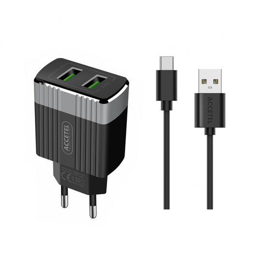 Carregador de Parede Duplo USB 3.4A Cabo Tipo-C