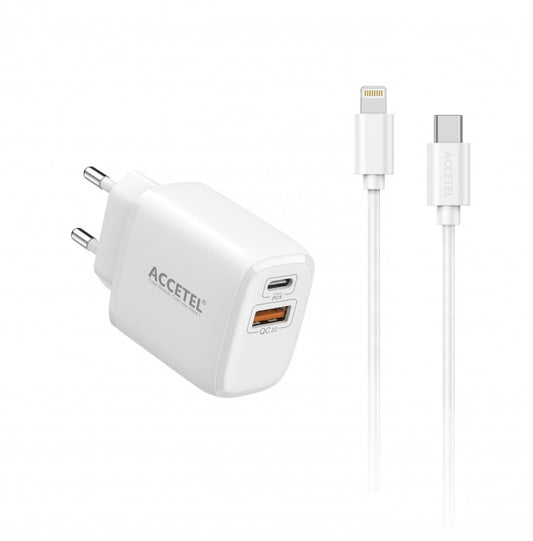 Carregador de Parede Carregamento Rápido QC/PD 3.0 Portas Duplas A+C 25W Cabo Tipo-C para Lightning 1M