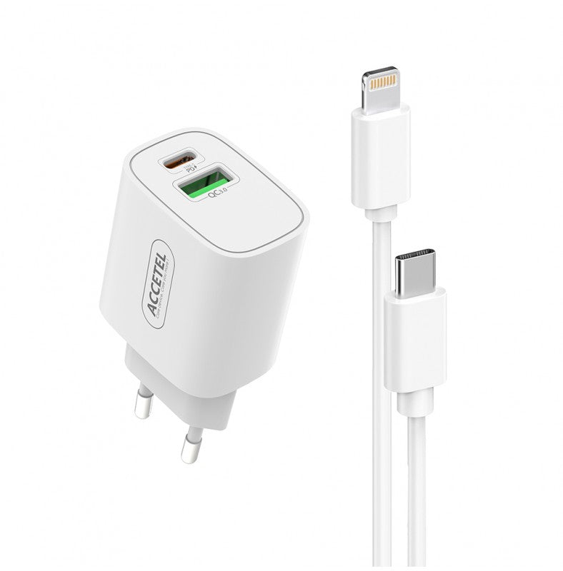 Carregador de Parede Carregamento Rápido Dupla USB-C+USB-A QC3.0/PD 20W Cabo USB-C para Lightning 1M