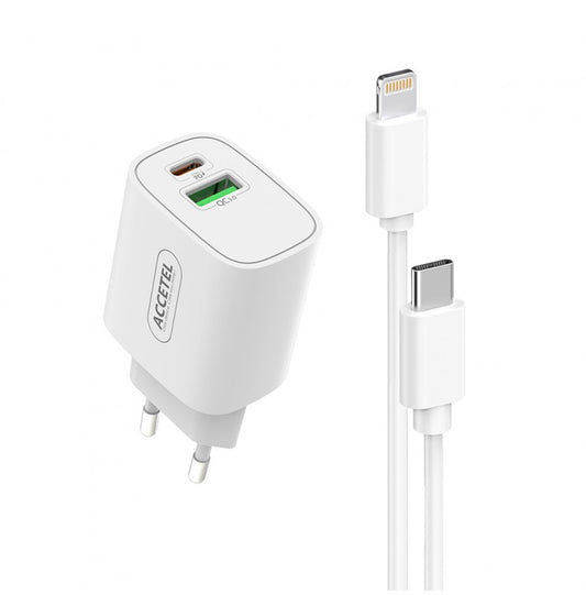 Carregador de Parede Carregamento Rápido Dupla USB-C+USB-A QC3.0/PD 20W Cabo USB-C para Lightning 1M