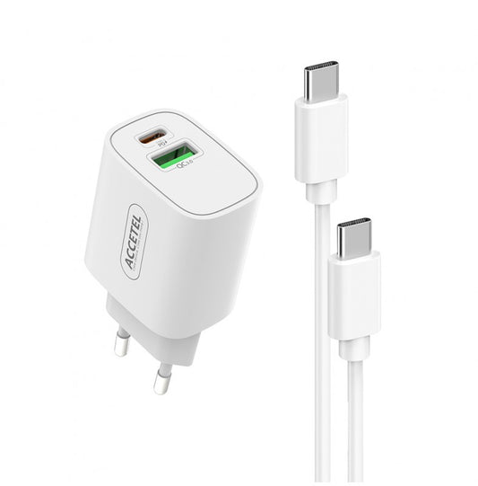 Carregador de Parede Carregamento Rápido Dupla USB-C+USB-A QC3.0/PD 20W Cabo USB-C para USB-C 1M