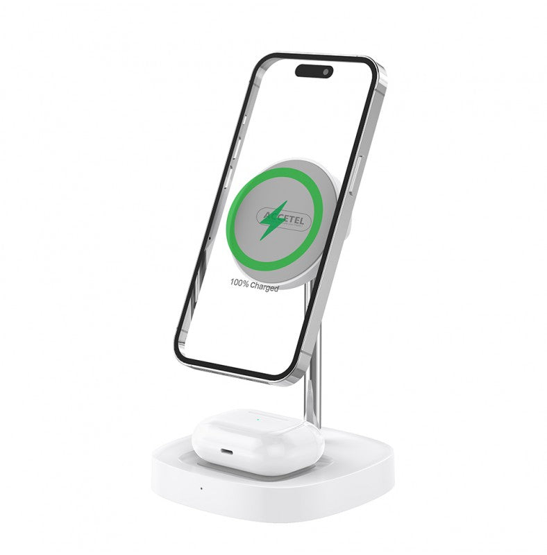 Suporte de carregamento sem fio 2 em 1 Tecnologia magnética 15W Branco