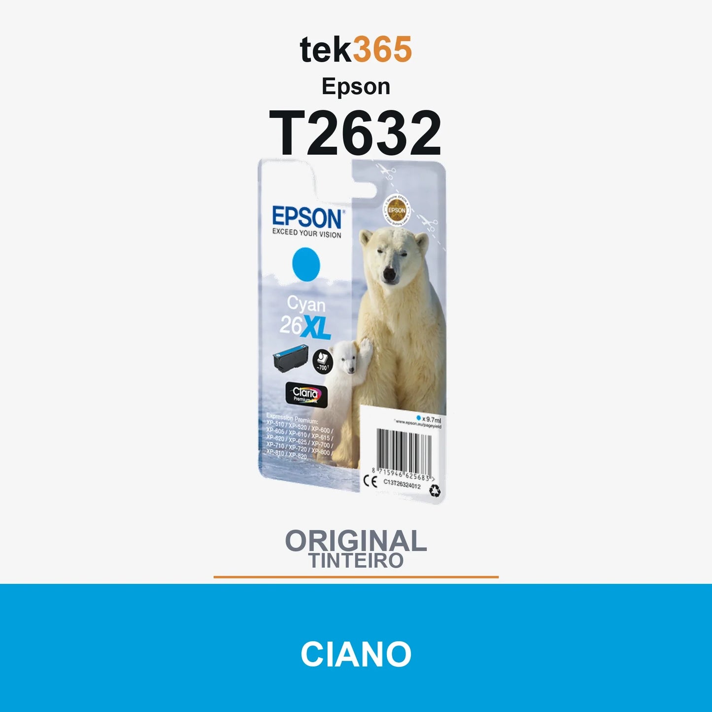 Cartucho de tinta original Epson T2632 (26XL) Ciano