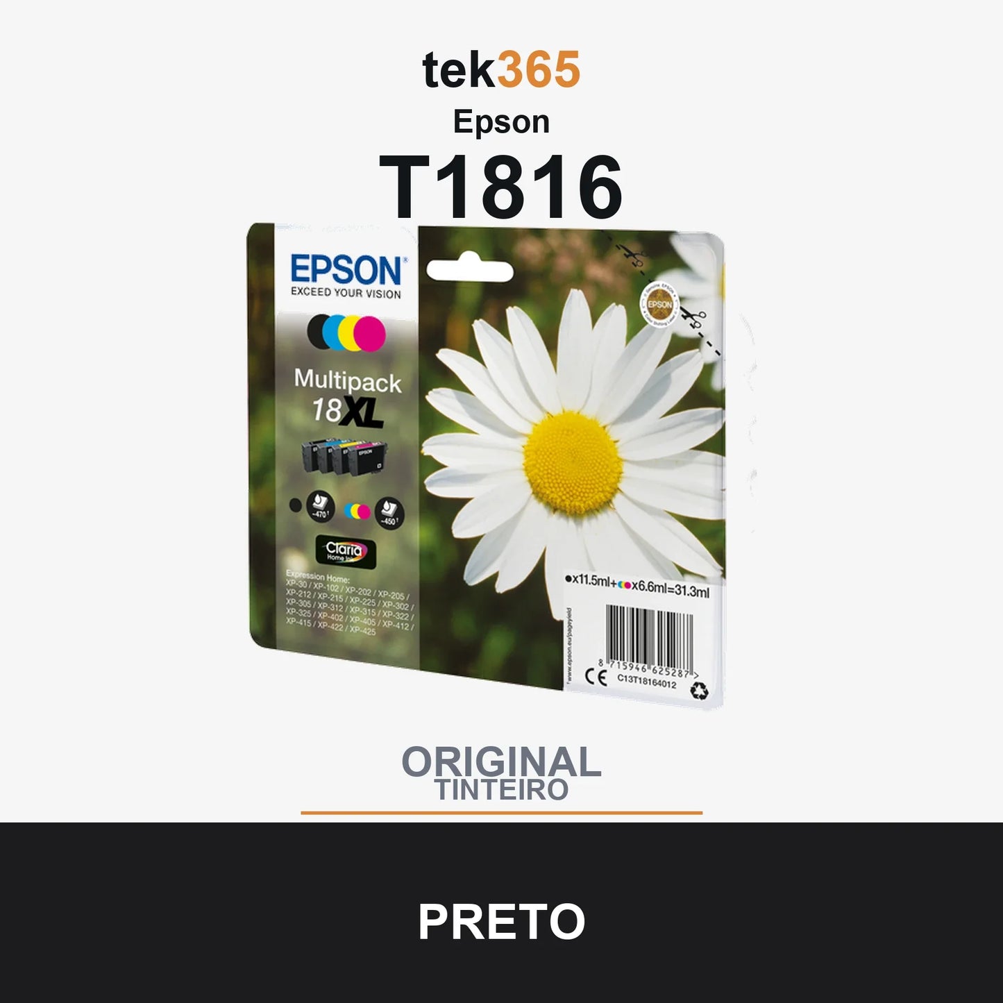 Pack de 4 de cartucho de tinta original Epson T1816 (18XL) 4 Cores