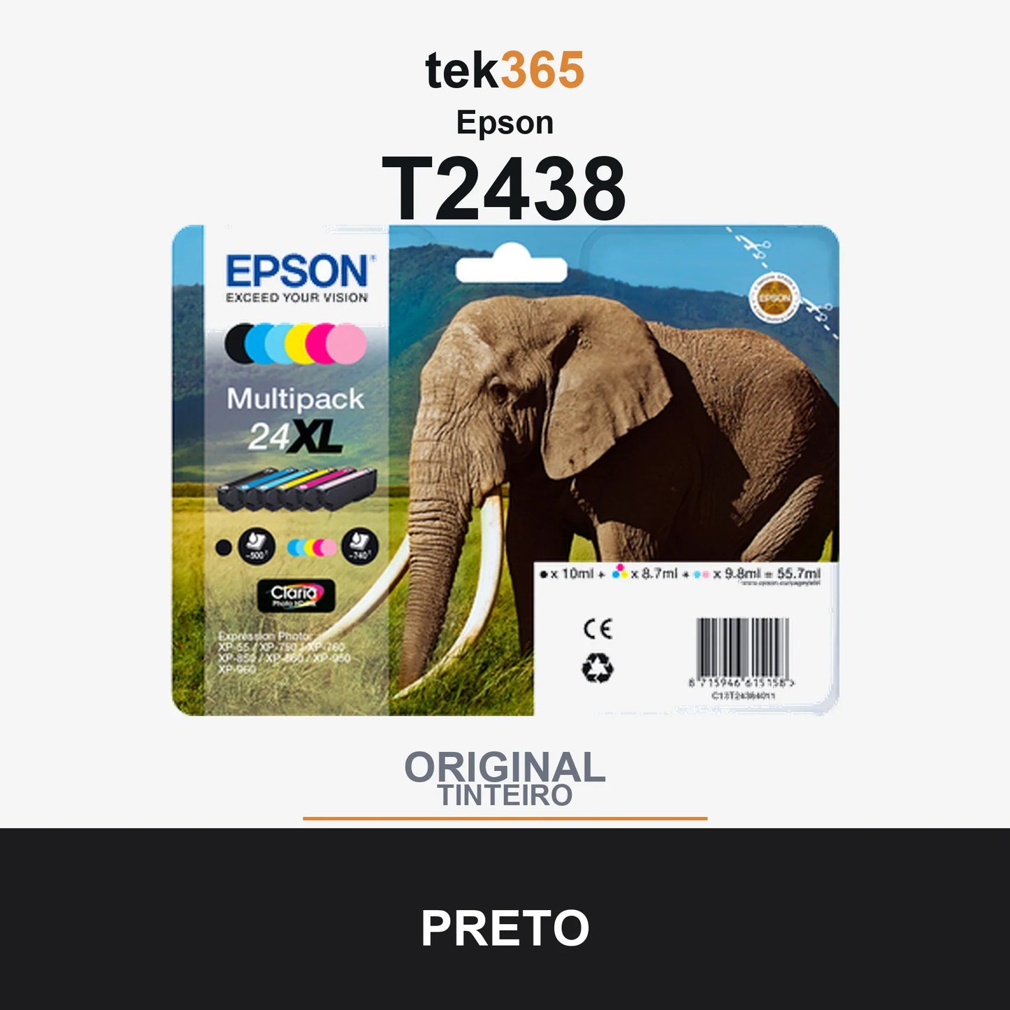 Pack de 6 de cartucho de tinta original Epson T2438 (24XL) • Capacidad: 1x 500 Páginas / 5x 740 Páginas