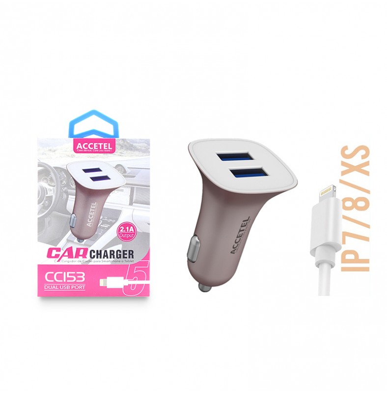 Carregador de Carro Duplo USB 2.1A Lightning Rosa