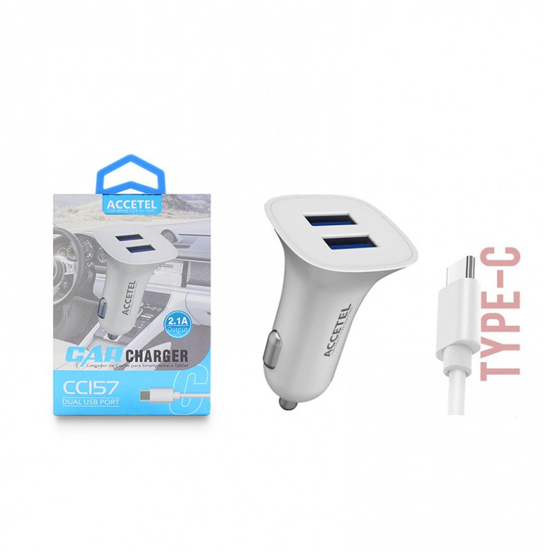 Carregador de Carro Duplo USB 2.1A Tipo-C Branco