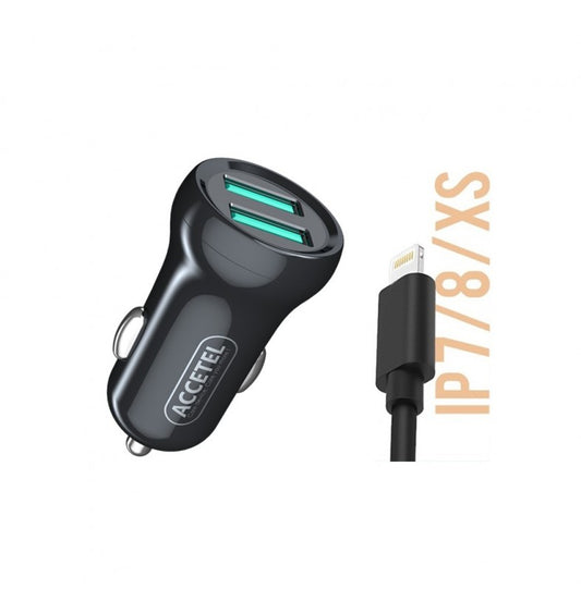 Carregador de Carro Duplo USB 2.4A Lightning Preto