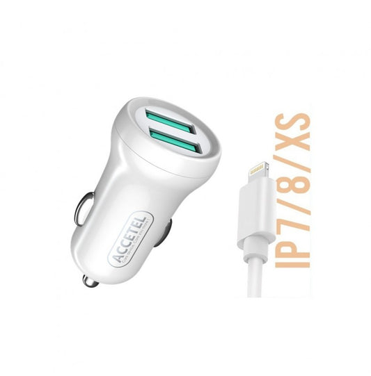 Carregador de Carro Duplo USB 2.4A Lightning Branco