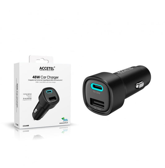 Carregador de Carro Carregamento Rápido Portas Duplas Tipo-C+USB-A PD Máx. 48W