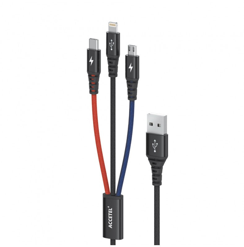 Cabo de carregamento 3 em 1 (IP 8/X/11/12+Micro USB+Tipo-C) 3A 1.2M