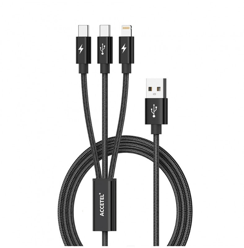 Cabo de Carregamento 3em1 (Lightning + USB-C duplo) 3.6A 1.2M