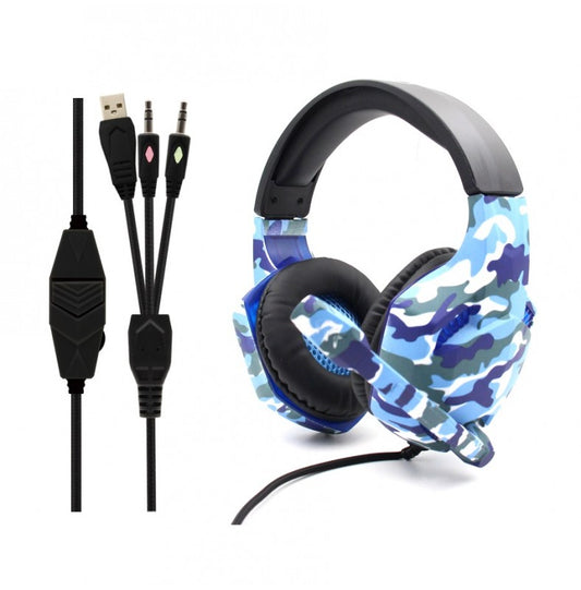 Auscultadores Estéreo Jogos LED 3.5mm com Microfone -Azul Militar