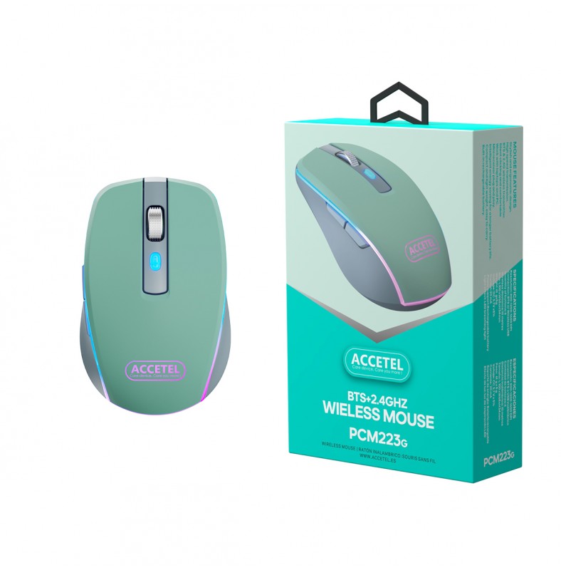Rato Recarregável Sem Fio Bluetooth 5.2 RGB 2.4GHZ 800/1200/1600 DPI Verde Cerceta